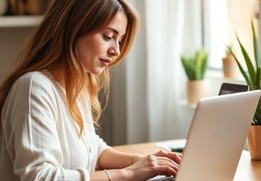 Een vrouw achter een laptop aan het werk