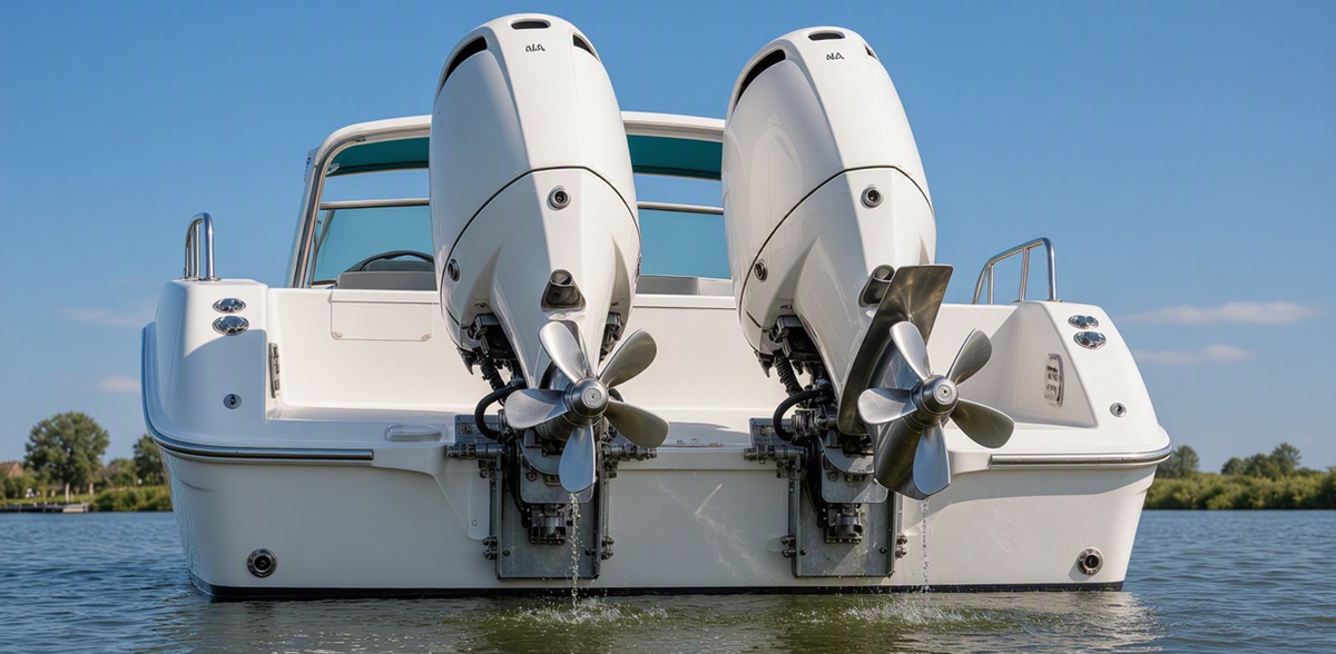Twee buitenboordmotoren op een speedboot