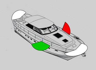 Illustratie van een kleine motorboot met boordlichten, een heklicht en toplicht