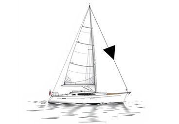 Klein zeilschip met zwarte kegel met punt naar beneden